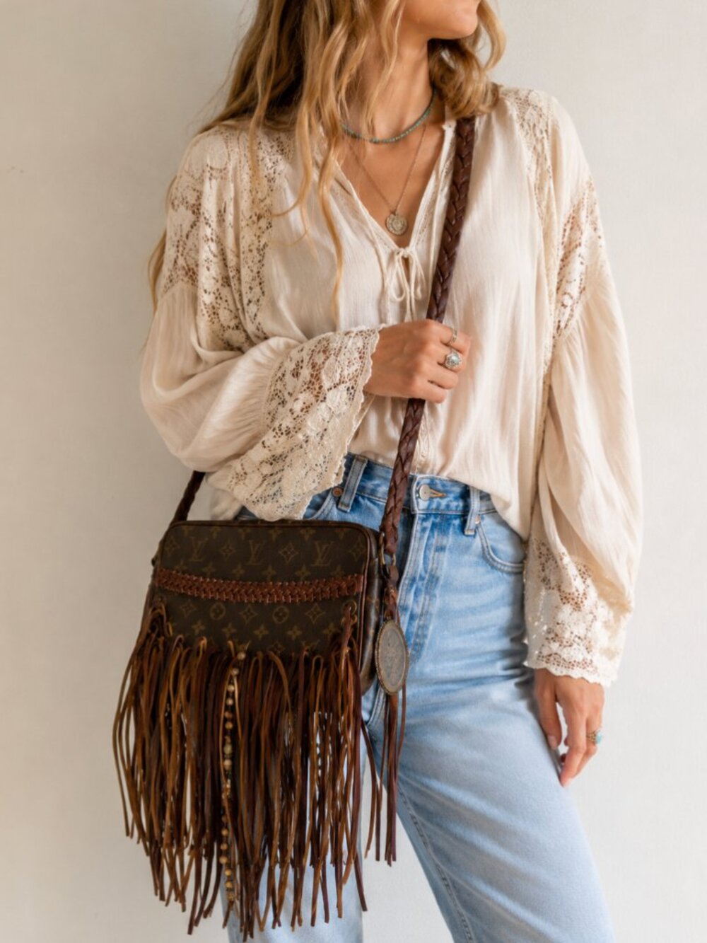 Vintage Boho Repurposed Monogram Leather Fringe Crossbody Bag